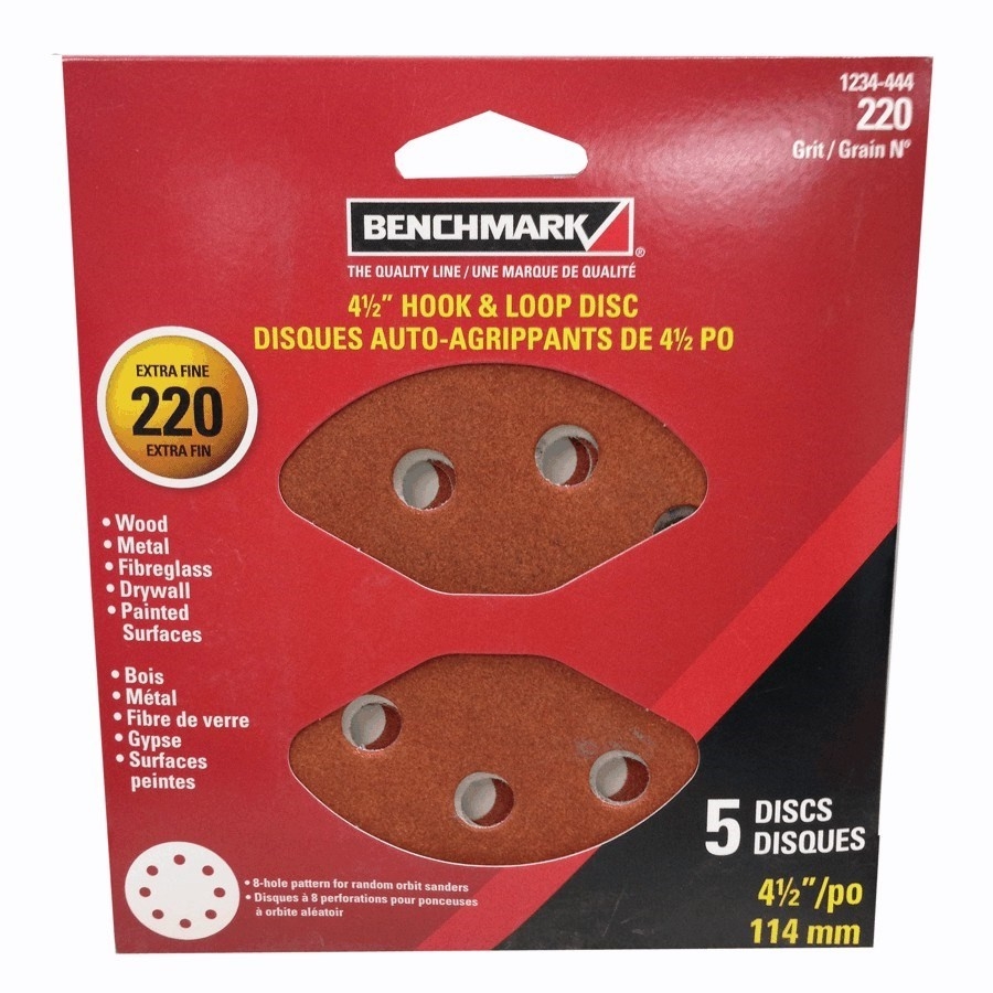 Paquet de 5 disques de ponçage autoagrippants de 4,5 po en oxyde d'aluminium de grain 220, 8 trous