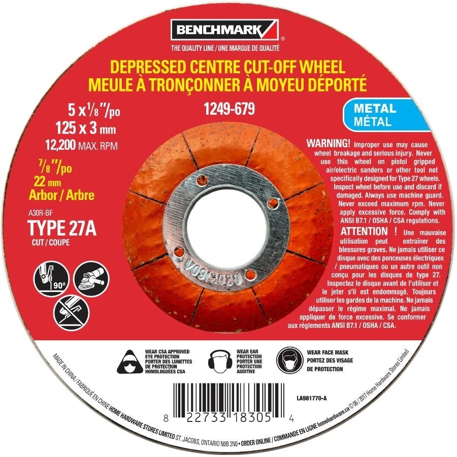 Meule à découper le métal de 5 po x 1/8 po x 7/8 po à moyeu déporté