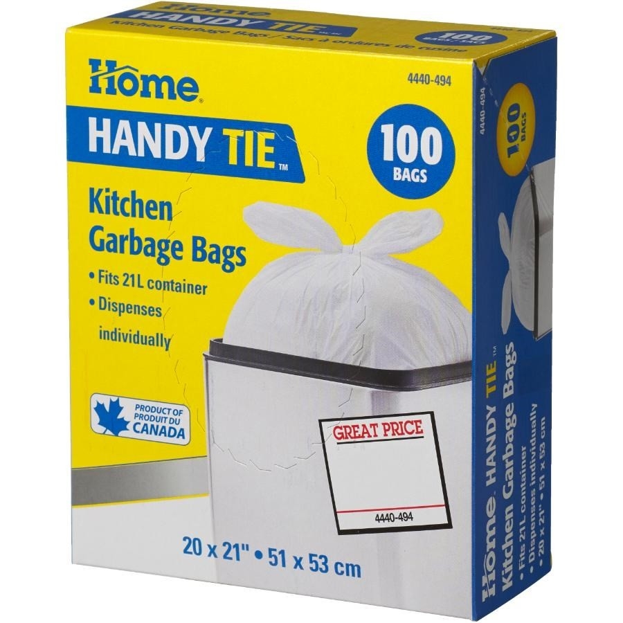 Paquet de 100 sacs à ordures Handy Tie de 20 po x 21 po, blanc